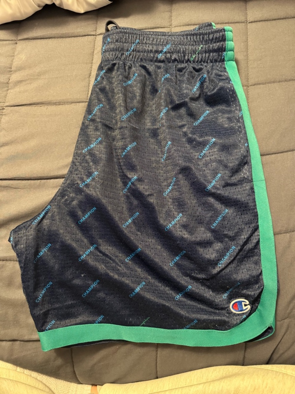 Champion Navy Blue Athletic/Basketball Shorts with Green Trim- Size Large